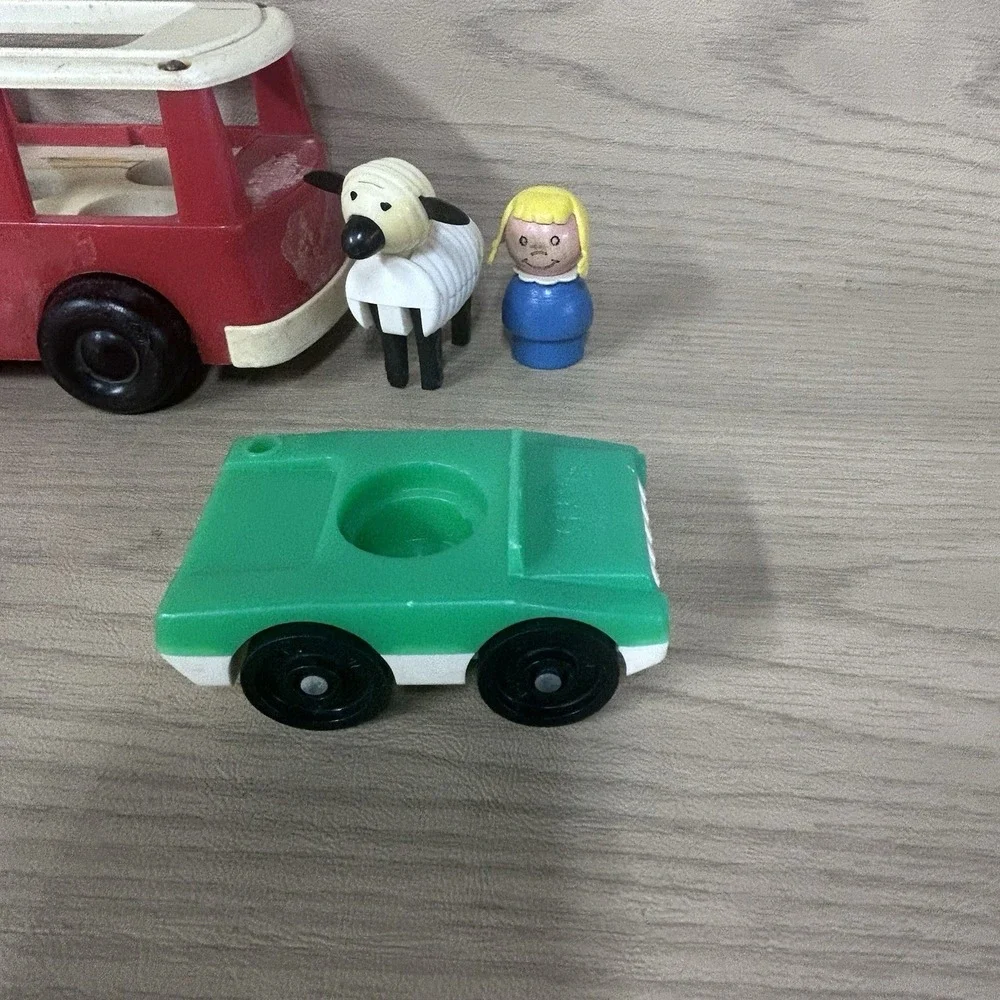 Classic Vtg Fisher Price Little People Car Mini-Bus Wood Girl Lamb 4 Piece Lot